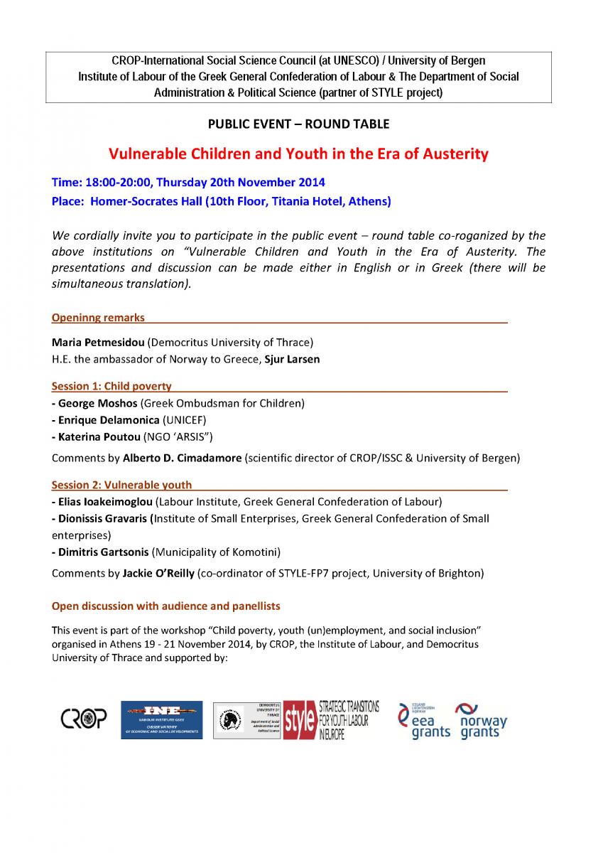 PUBLIC EVENT – ROUND TABLE   "Vulnerable Children and Youth in the Era of Austerity"